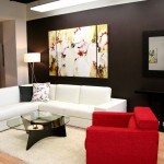 Black Accent Wall Captivating Black Accent Living Room Wall Color Furnished With White Sectional Sofa Bed And Red Living Room Chair Completed With Glass Circle Table On Soft Rug Living Room Perfect Living Room Chair Design