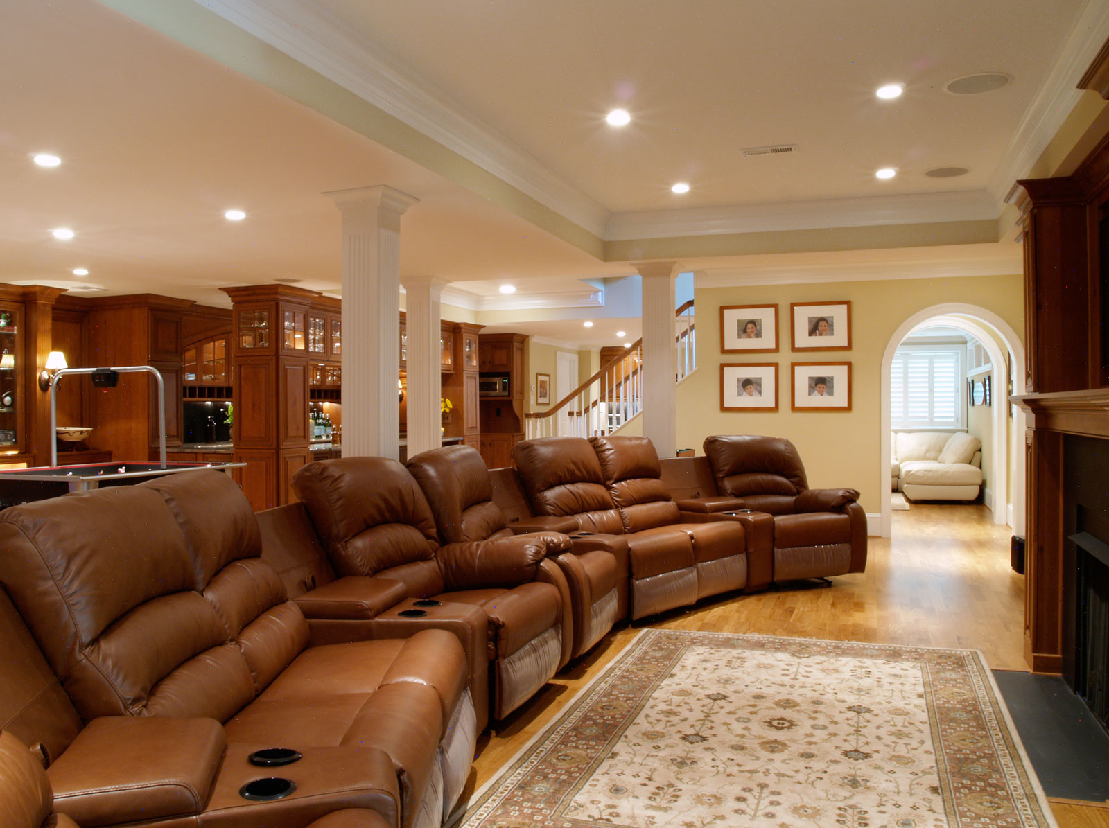 Basement Ideas Cinema Captivating Finished Basement Ideas For Home Cinema Room Decorated In Traditional Design Using Brown Leather Sofa And Vintage Rug Basement Finished Basement Ideas With Decorative Style