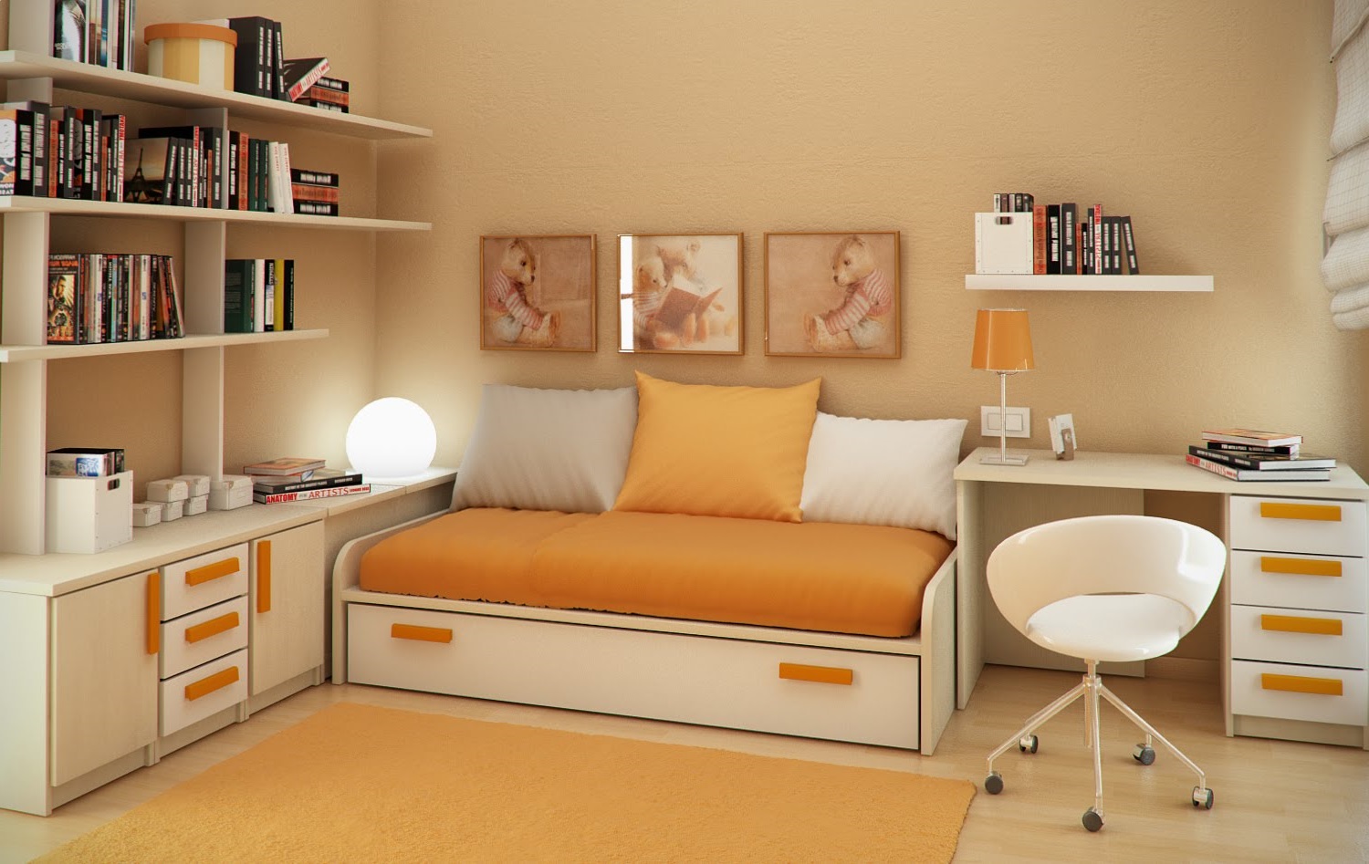 Interior Design Minimalist Captivating Interior Design Styles Of Minimalist Bedroom With Single Bed On Platform Drawer Furnished With Desk Sets And Completed With Wall Cabinet Also Bookcase Interior Design Composing The Classic Or Modern Interior Design Styles