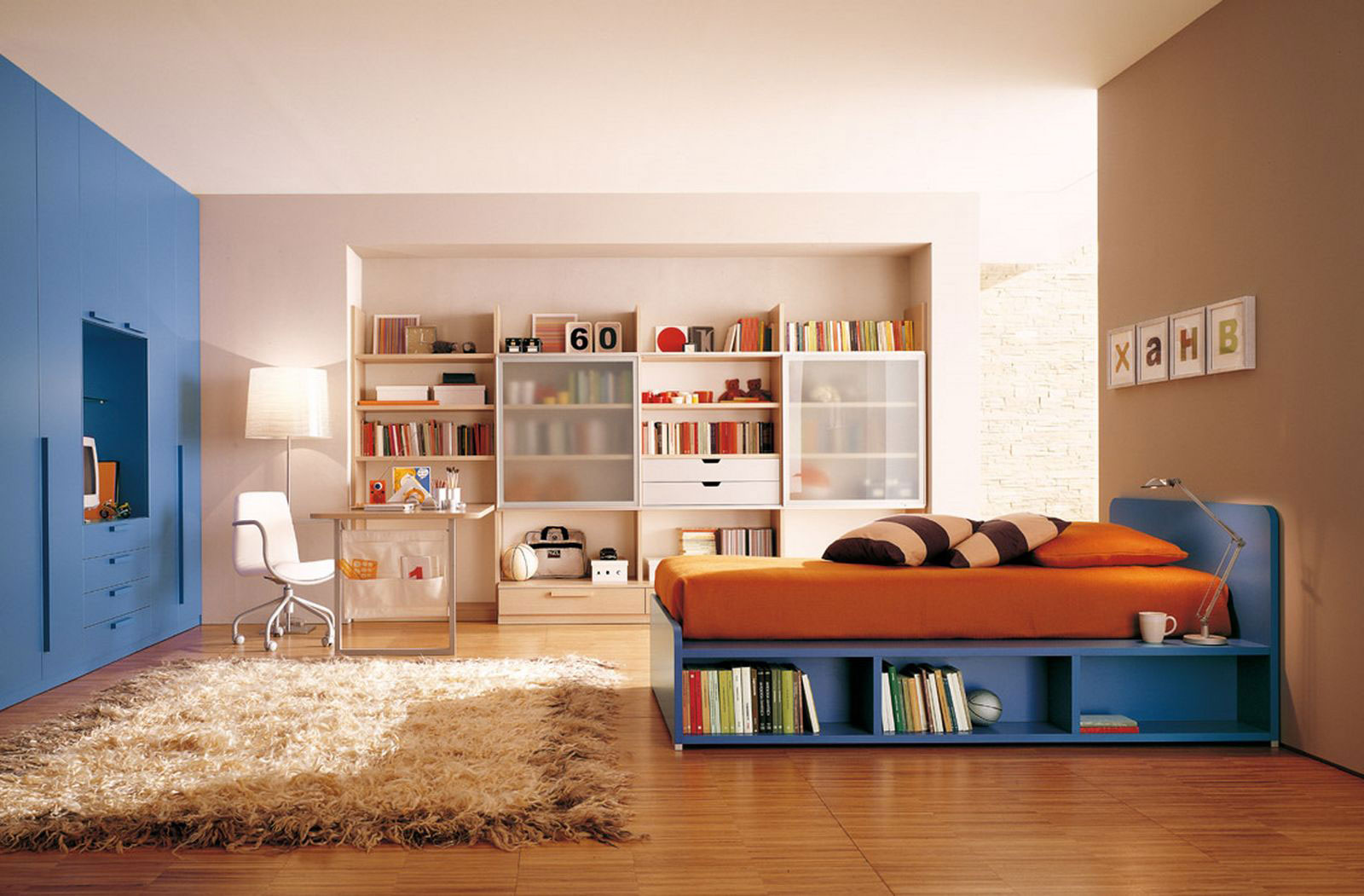Kid Room Wooden Captivating Kid Room Ideas Applying Wooden Flooring With Soft Rug Furnished With Orange Bed On Blue Platform Cabinet And Completed With Desk Sets Also Flooring Stand Lighting Kids Room 15 Trendy Kids Room Ideas For The Bold Modern Home