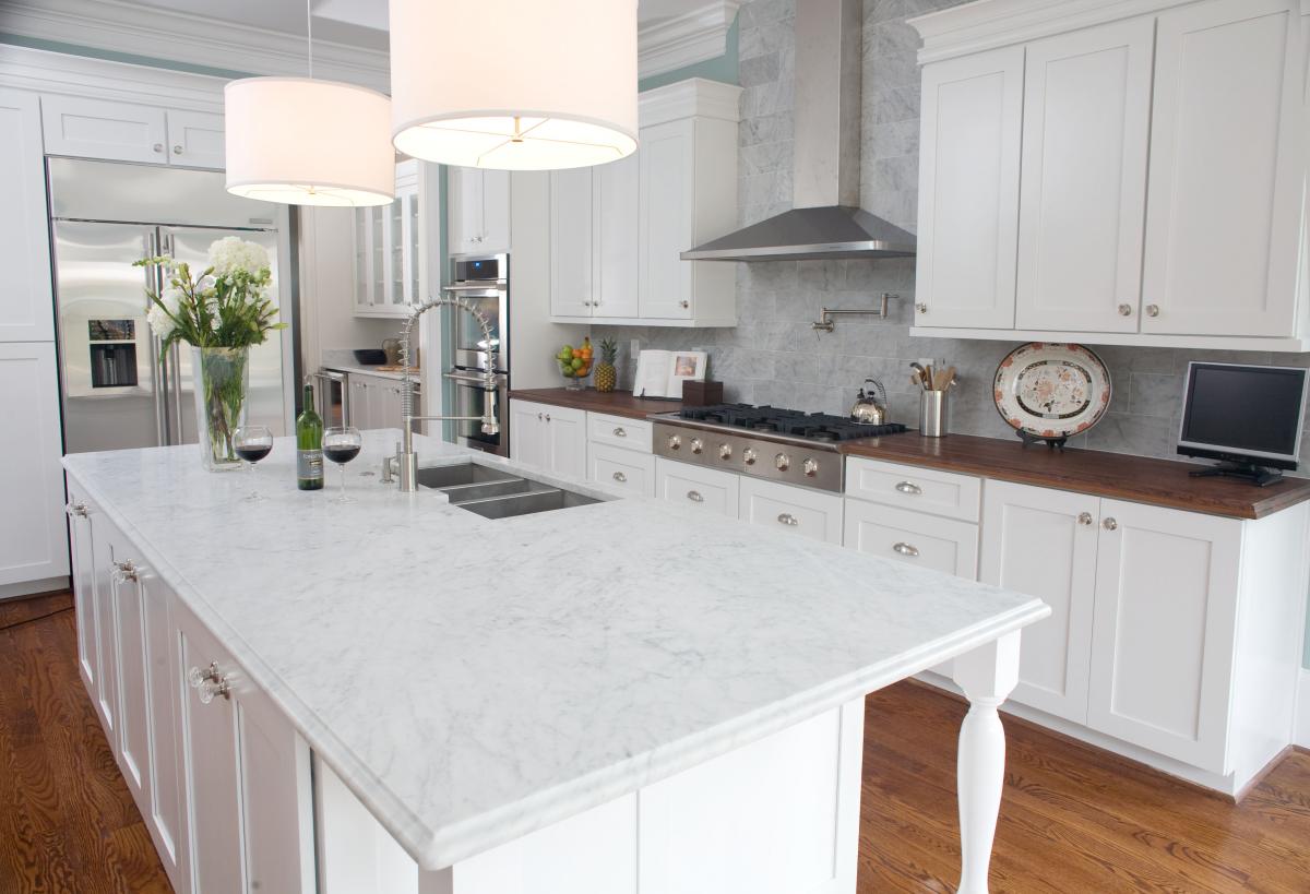 Design For Material Captivating Kitchen Design For Kitchen Countertop Material Ideas With White Marble Kitchen Countertop White Painted Wooden Cabinets Stoves And Chandelier Lights Kitchen Contemporary Kitchen Countertop Material For Modern Theme Enthusiasts