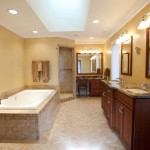 Master Bathroom Dark Captivating Master Bathroom Ideas With Dark Brown Vanity Double Sink And Dual Mirror Furnished With Wall Sconce And Completed With White Bathtub Bathroom Master Bathroom Ideas: Choosing The Ceramic