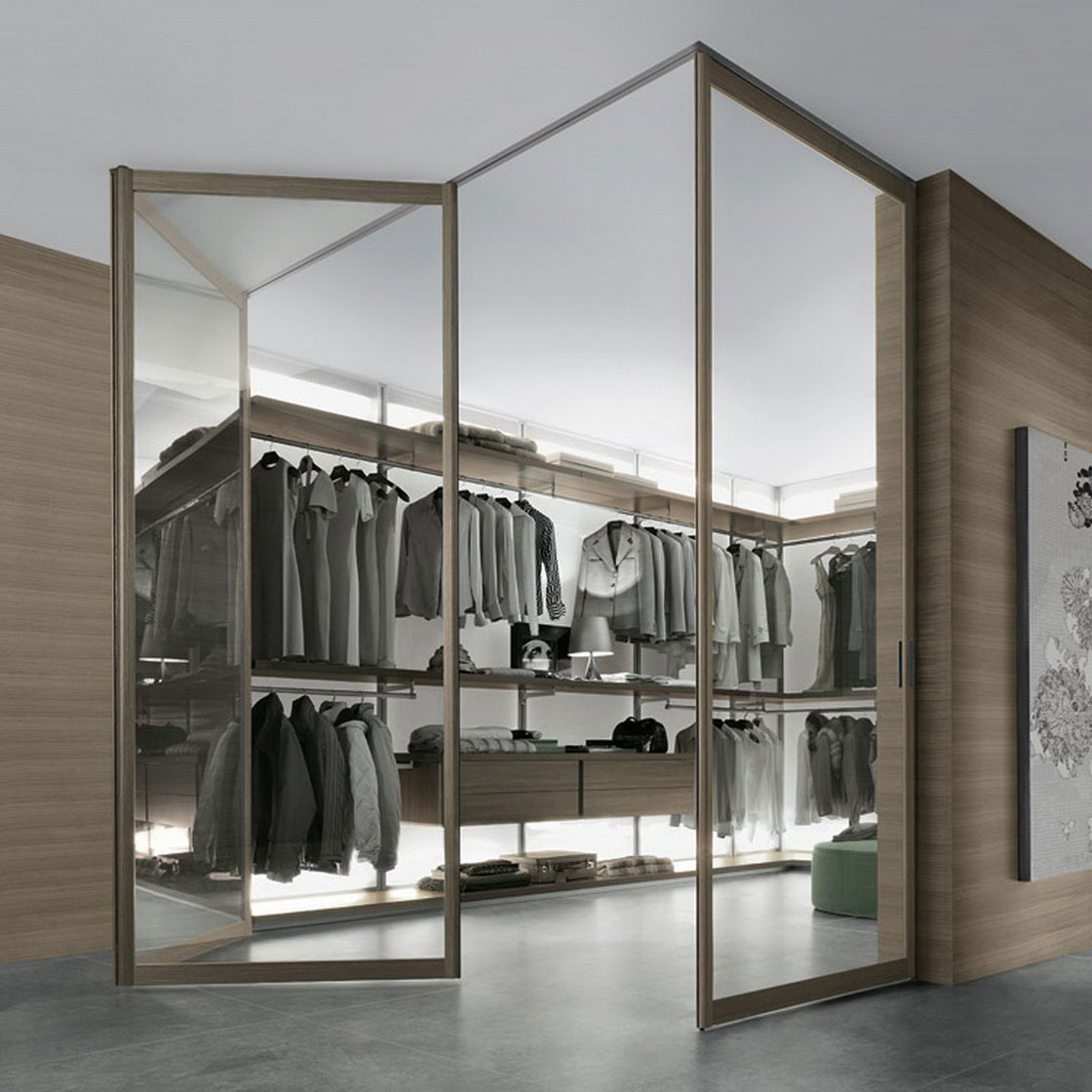 Minimalist Walk Ideas Captivating Minimalist Walk In Closet Ideas Applying Grey Flooring Tile With Clear Glass Folding Doors Completed With Cabinets And Clothes Rack Closet Walk In Closet Ideas: Enjoying Private Collection