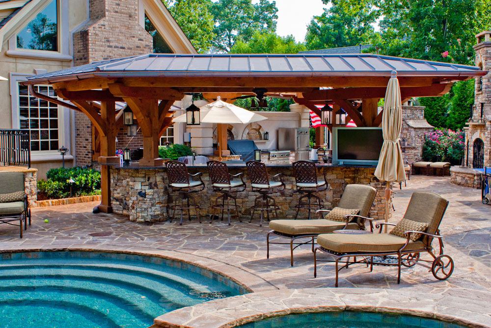 Pergola Design Outdoor Captivating Pergola Design And Fabulous Outdoor Kitchen With Pool Idea Feat Movable Sun Lounge Chairs Kitchen Outdoor Kitchen Design For A Wonderful Patio