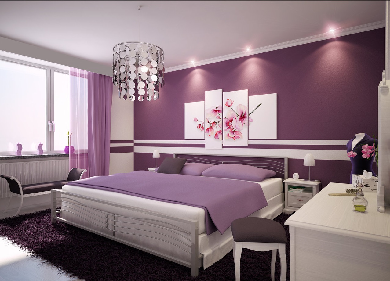 Purple White Cute Captivating Purple White Interior Of Cute Bedroom Ideas With Modern Chandelier Furnished With Queen Bed On Soft Rug Completed With Dresser Table And Chairs Bedroom Cute Bedroom Ideas For Enhancing House Interior