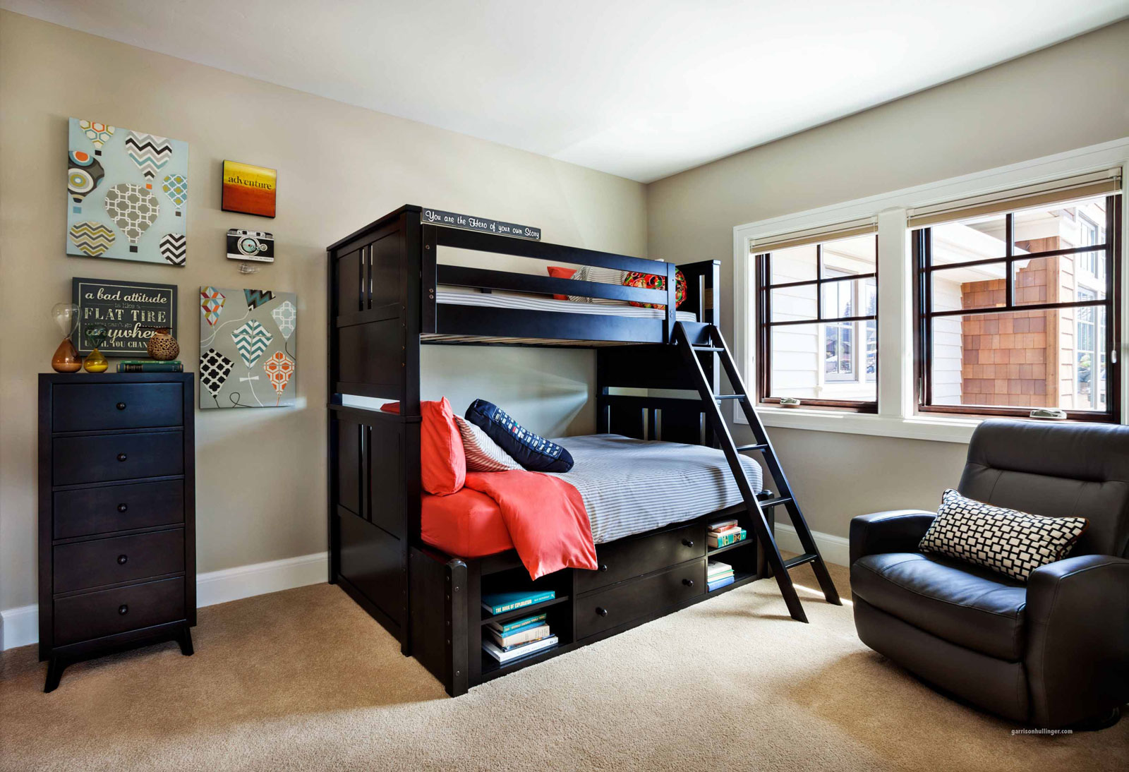 Twin Bunk Platform Captivating Twin Bunk Bed Applying Platform Drawers In Ebony Color Furnished With Wooden Drawers And Chair Of Boys Bedroom Ideas Bedroom Boys Bedroom Ideas: The Important Aspects