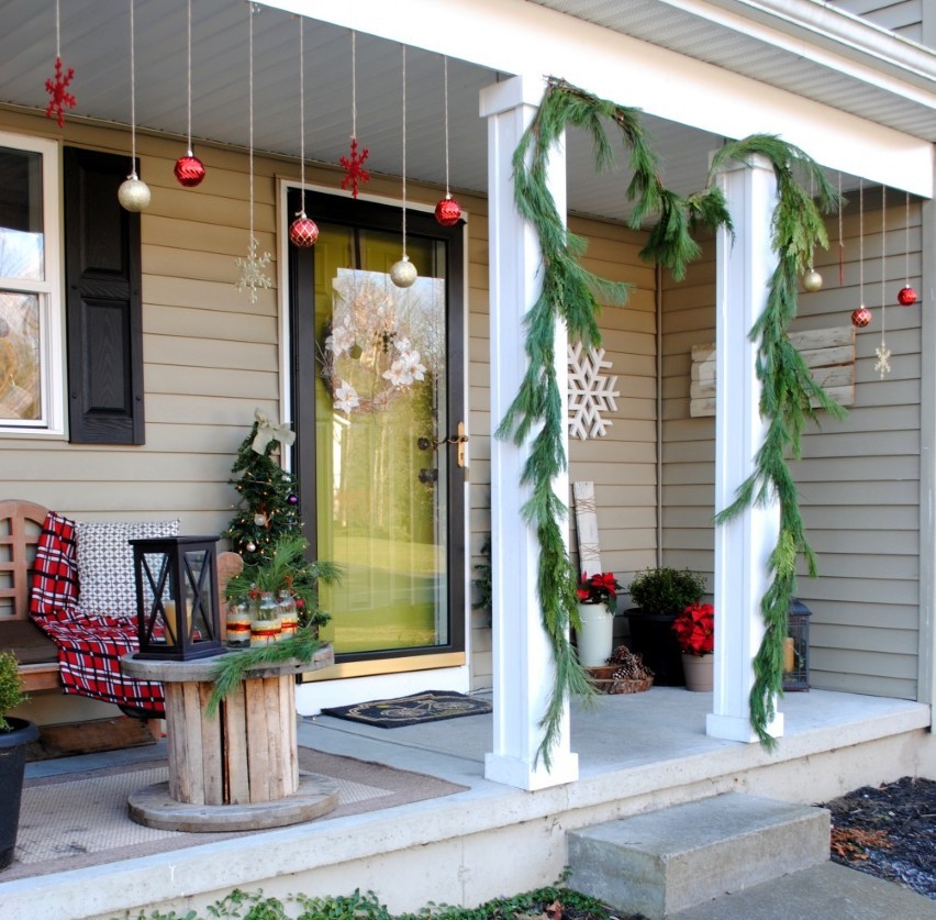 Wood Entry With Captivating Wood Entry Door Combined With Clear Glass Idea Feat Cute Christmas Porch Decorating With Red And Gold Hanging Balls Exterior Creating Wooden Entry Doors With Beautiful Views