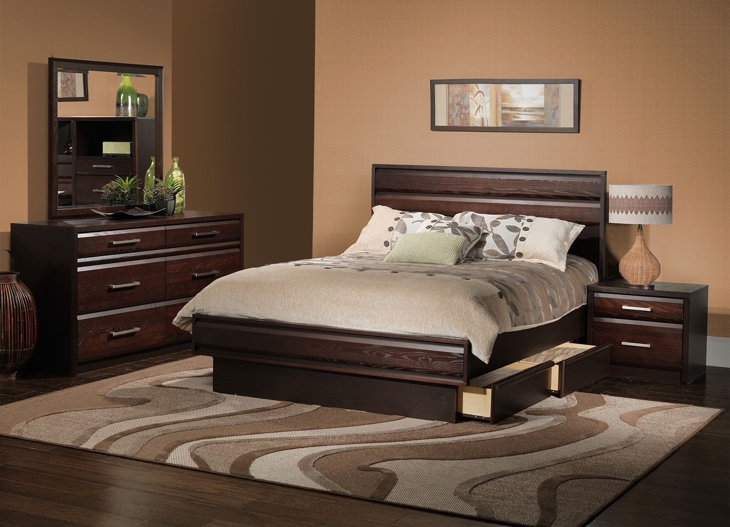 Wooden Platform Queen Captivating Wooden Platform Drawers Of Queen Bedroom Sets Furnished With Night Lamp On Nightstand And Completed With Mirror On Vanity Bedroom Queen Bedroom Sets For The Modern Style