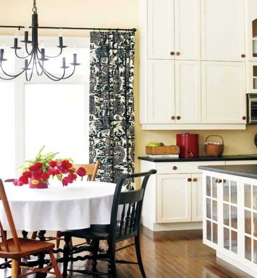 White Kitchen On Catchy White Kitchen Interior Set On Laminate Floor Combined With Black Floral Window Curtains Also Cream Wall Paint Color Background Kitchen 20 Elegant And Beautiful Kitchens With Black And White Curtains