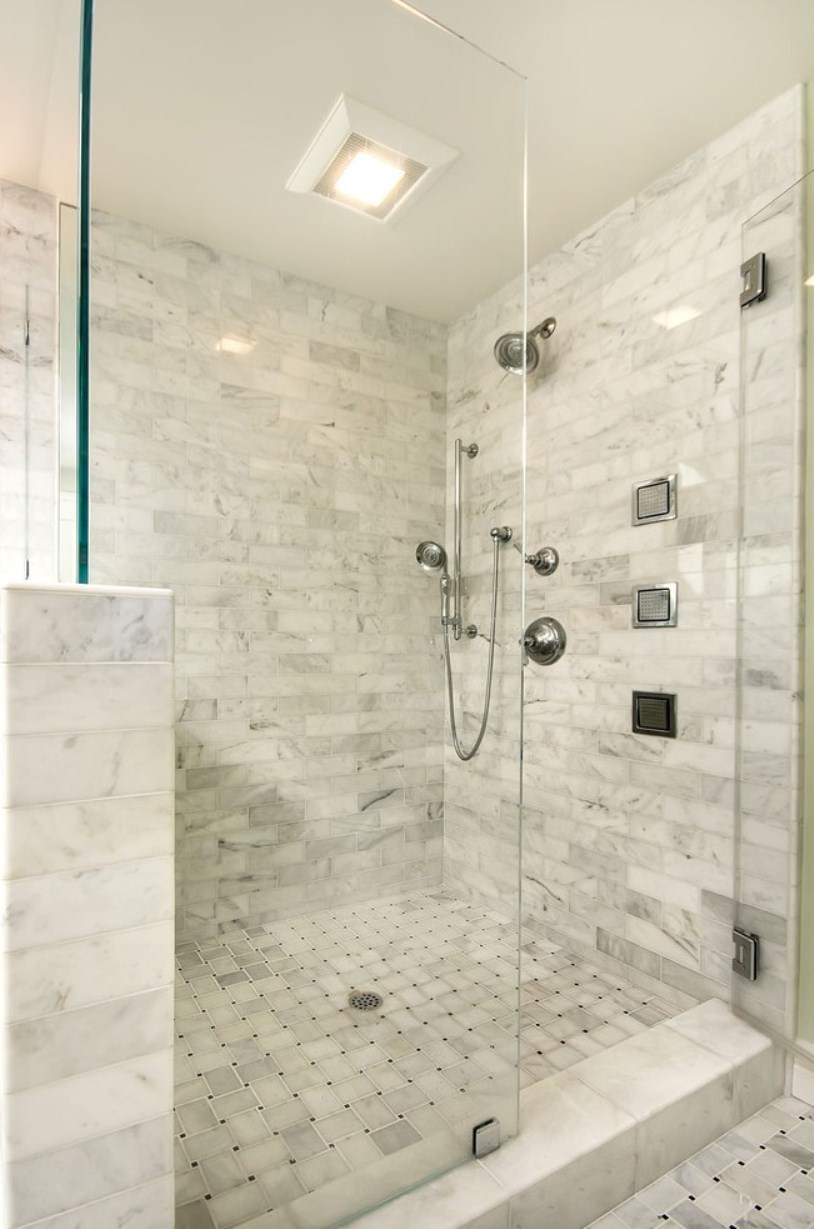 Light Illuminate And Ceiling Light Illuminate Cubical Shower And Designed With Tile Floor Also Equipped With Rain Showerhead  Bathroom  Attractive And Safe Floor Tiles For Shower 
