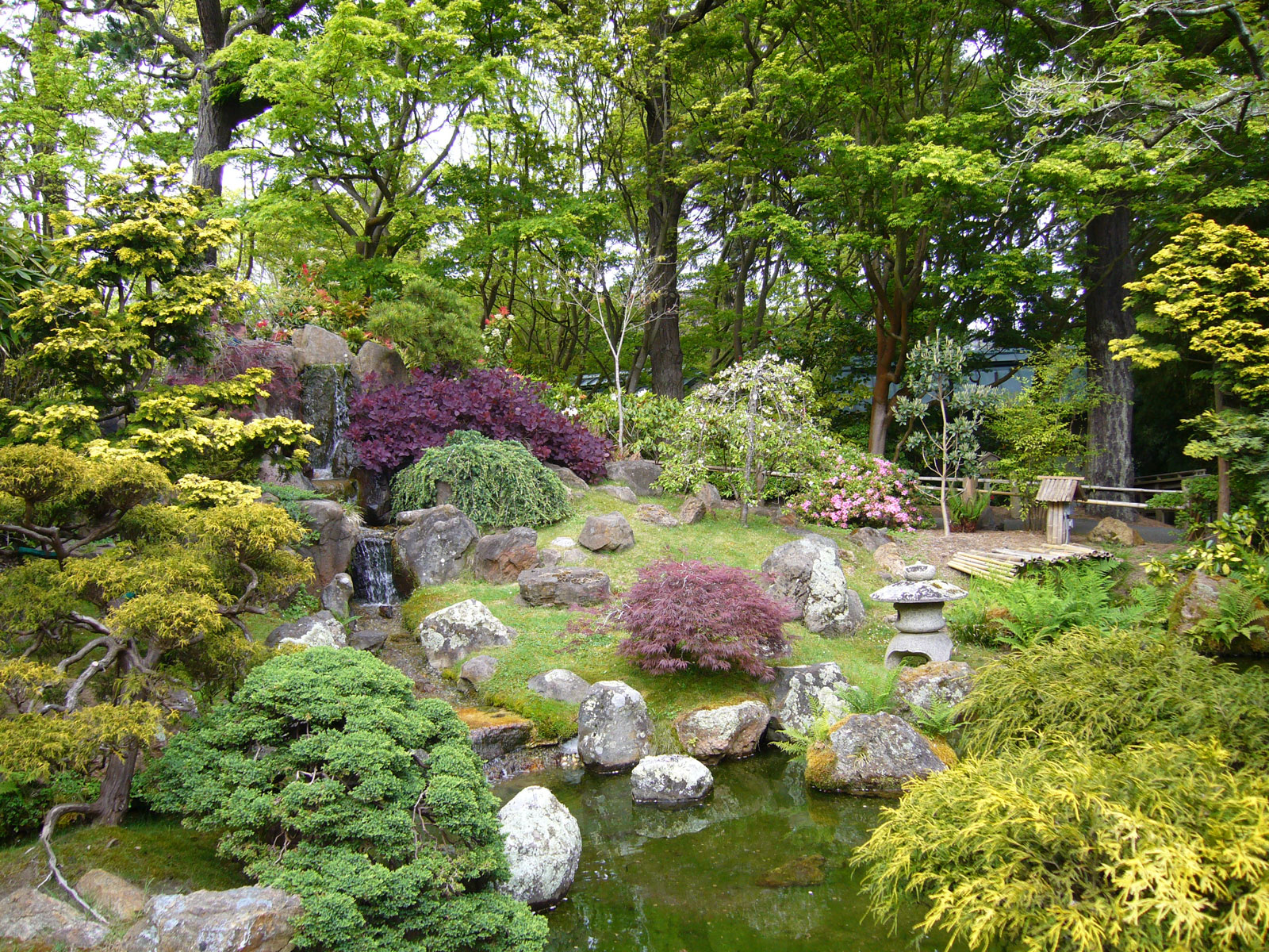 Japanese Garden With Charming Japanese Garden Design Ideas With Fountains Furnished With Neat Green Grass Completed With Flowers And Hodgepodge Trees In The Garden Garden Garden Design Ideas As The Additional Decoration For Enhancing House