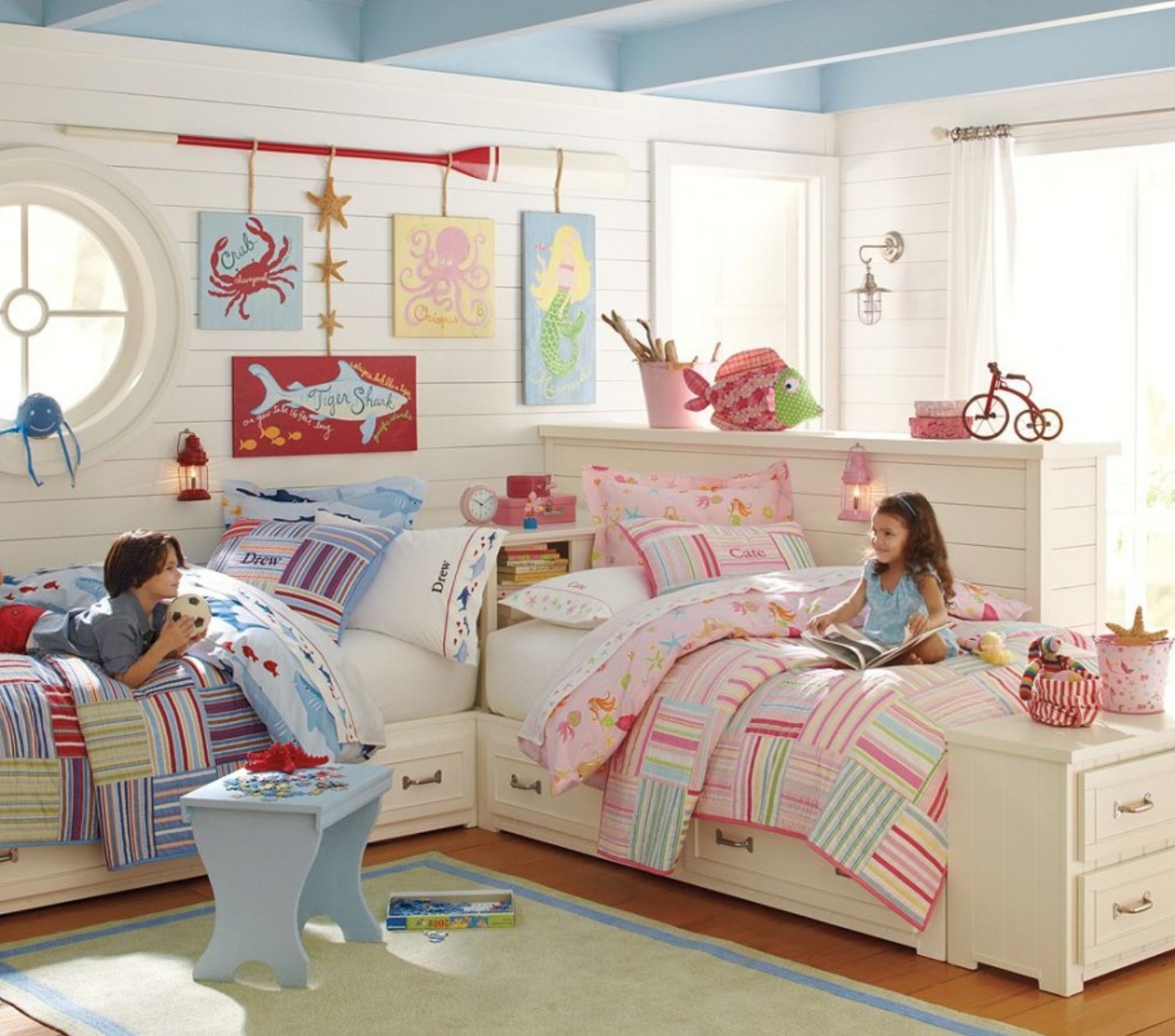 Kids Room Boy Charming Kids Room Furniture For Boy And Girl Design Ideas With Rustic White Wooden Bed Design And Relaxing White Wall Paint Colors Ides And Periwinkle Ceiling Also Creative Storage Under Bed Idea Furniture Composing The Special Type Of Kids Room Furniture