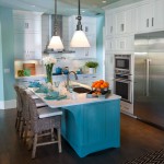 Minimalist Kitchen With Charming Minimalist Kitchen Decorating Ideas With Kitchen Island Applying White And Blue Color Furnished With Sink And High Chairs Also Completed With Pendant Kitchen An Interesting Kitchen Decorating Ideas