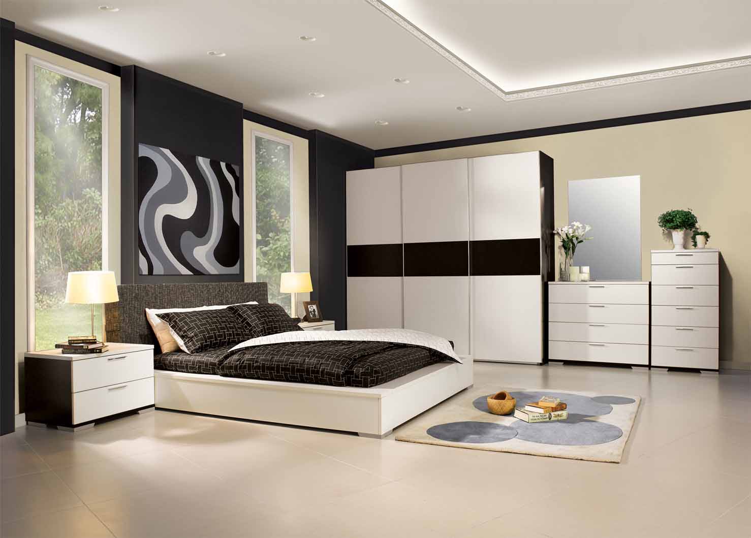 Modern Mens With Charming Modern Men's Bedroom Ideas With Black King Bed On White Platform Furnished With Twin Night Lamp On Nightstand And Completed With Rug Bedroom Mens Bedroom Ideas: The Design Character