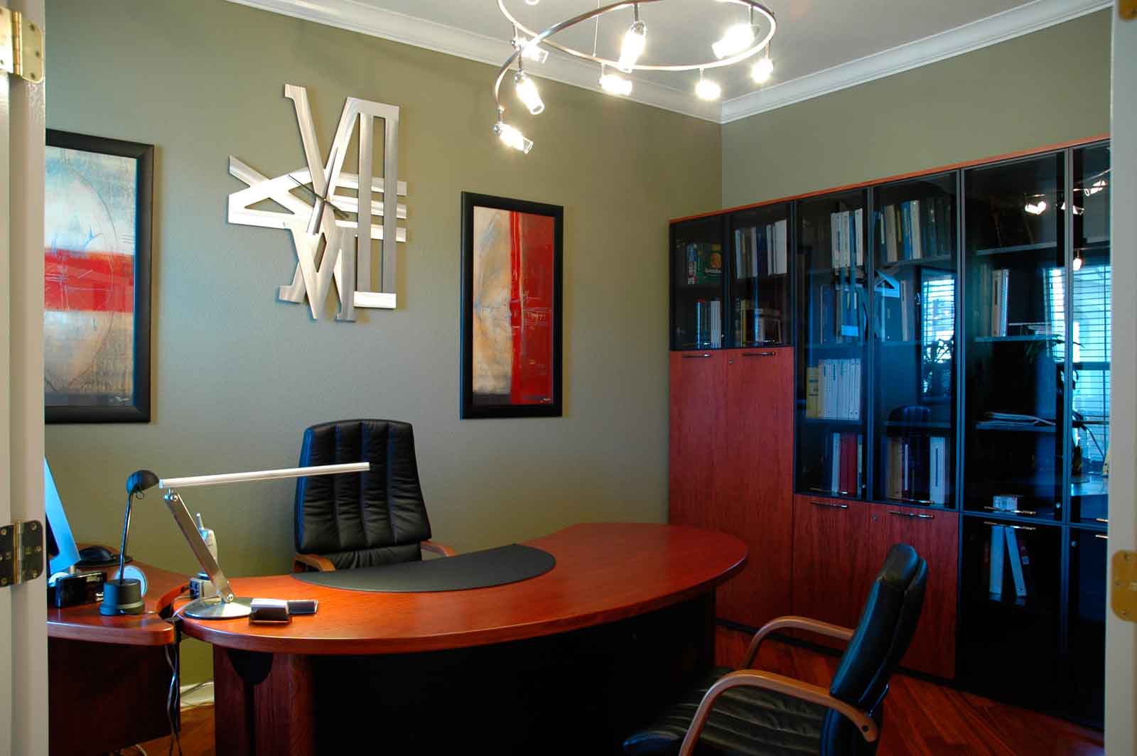 Office Design Modern Charming Small Office Design Decorated With Modern Office Furniture Using Leather Chair And Unique Chandelier Lighting Office Small Office Design In Lovely And Cheerful Nuance