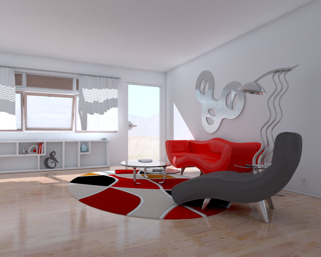 White And Of Charming White And Red Interior Of Living Room Design With Unique Sofa And Grey Sleeper Chair Furnished With Round Table On Circle Rug Also Completed With Flooring Stand Lamp Living Room Stylish And Simply Living Room Design