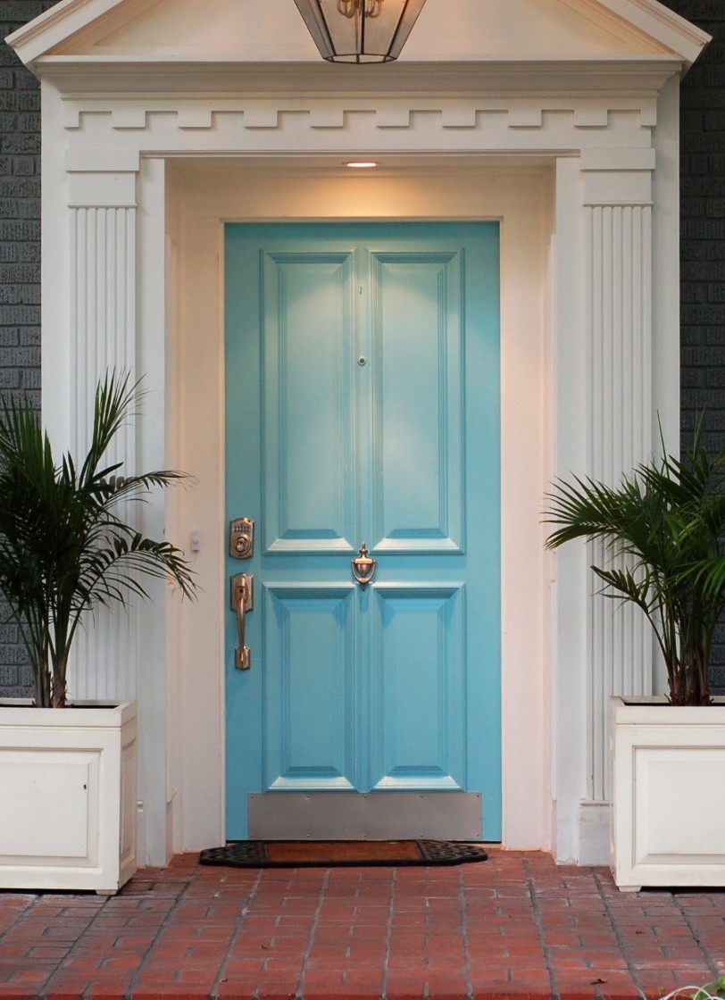 Wood Entry Light Chi Wood Entry Door With Light Blue Color Idea Feat Brick Outdoor Floor Design Plus Twin Big Potted Palm Trees Decor Exterior Creating Wooden Entry Doors With Beautiful Views