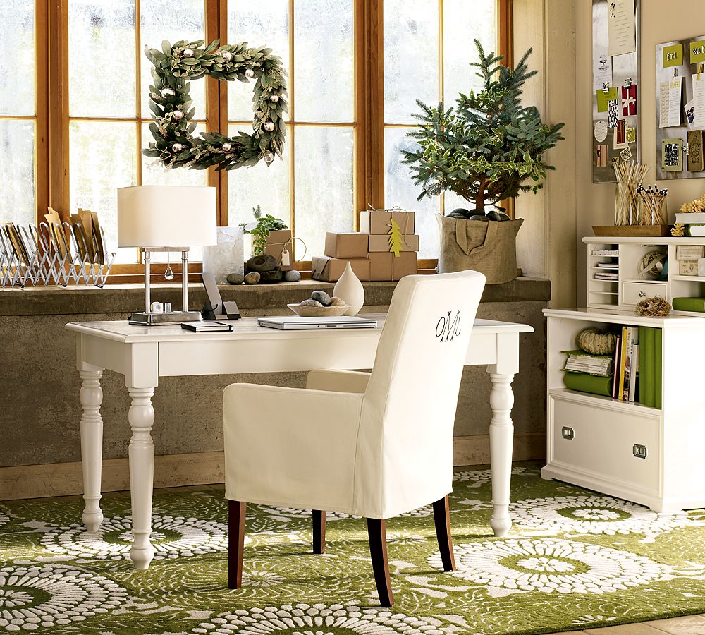 Home Office Greenery Chic Home Office Decor With Greenery Wreath Mounted On Large Window Idea Feat Rustic Desk Chair And Green Area Carpet Office  Nurturing Work Passion Through Dashing Home Office Decor 