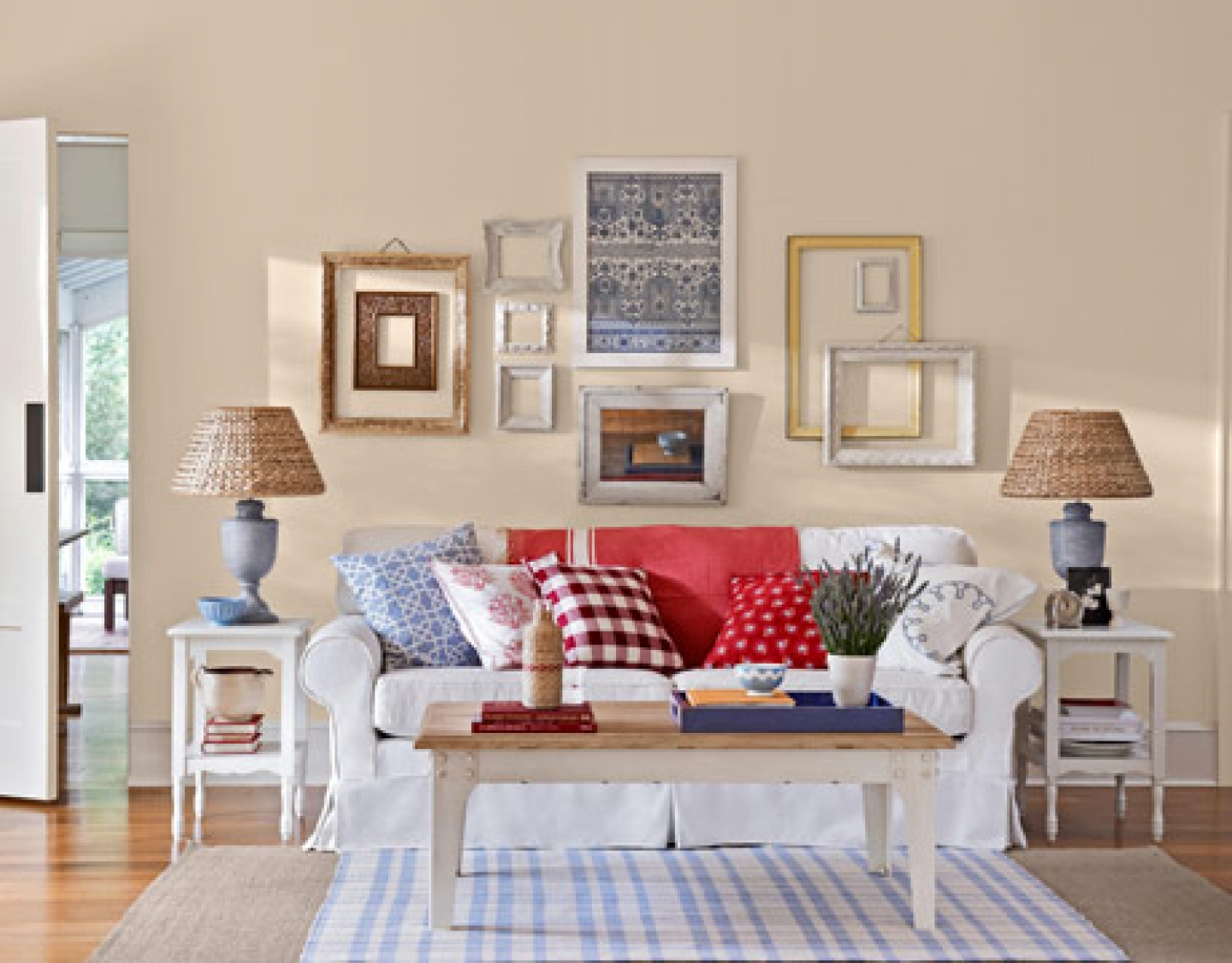 Wall Arts Wicker Chic Wall Arts Decor Also Wicker Lamp Shades Idea Feat Colorful Sofa Pillows And Narrow Coffee Table In Country Living Room Design Living Room  Country Living Room Appears Appealing Interior 