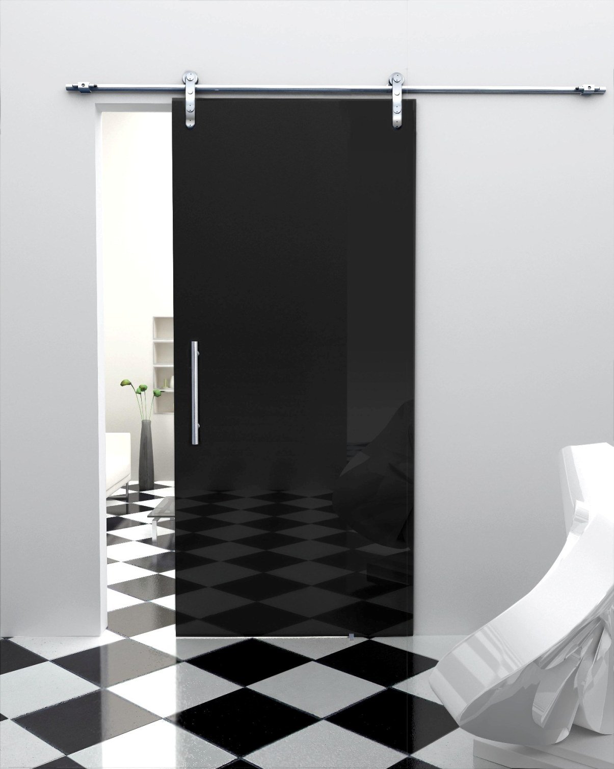 Checkerboard Floor Paired Clean Checkerboard Floor Tile Background Paired With Plain White Wall Paint Color Also Black Glass Sliding Interior Door Design House Designs  Black Interior Doors Perform Cool Doors 