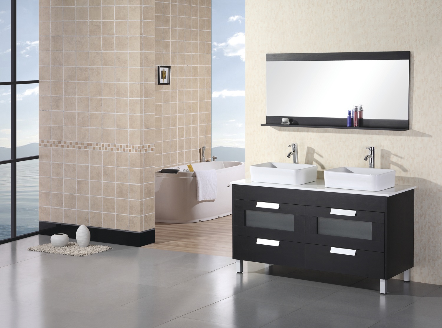 Gray Ceramic Paired Clean Gray Ceramic Floor Tile Paired With Black Freestanding Bathroom Vanity Set Plus Double Square White Sinks Designed Under Rectangular Wall Mirror Bathroom  Double Function From Double Sink Vanity 