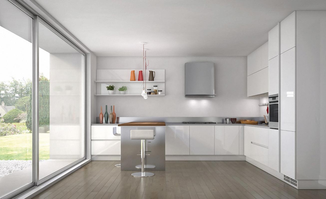 White Kitchen L Clean White Kitchen Ideas With L Shaped Island Plus Steel Hood And Lowes Lamps Above High Chair Kitchen White Kitchen Ideas Ideal For Traditional And Modern Designs