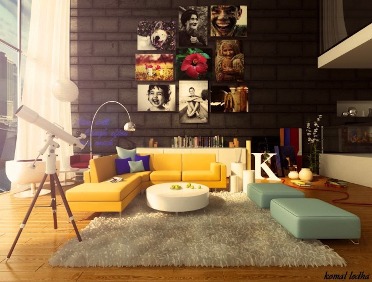 Artworks In Design Colorful Artworks In Dark Wall Design Also Bright Yellow L Shaped Sofa Furniture Living Room 11 Cozy Modern Living Room Design Ideas For Families Of All Ages