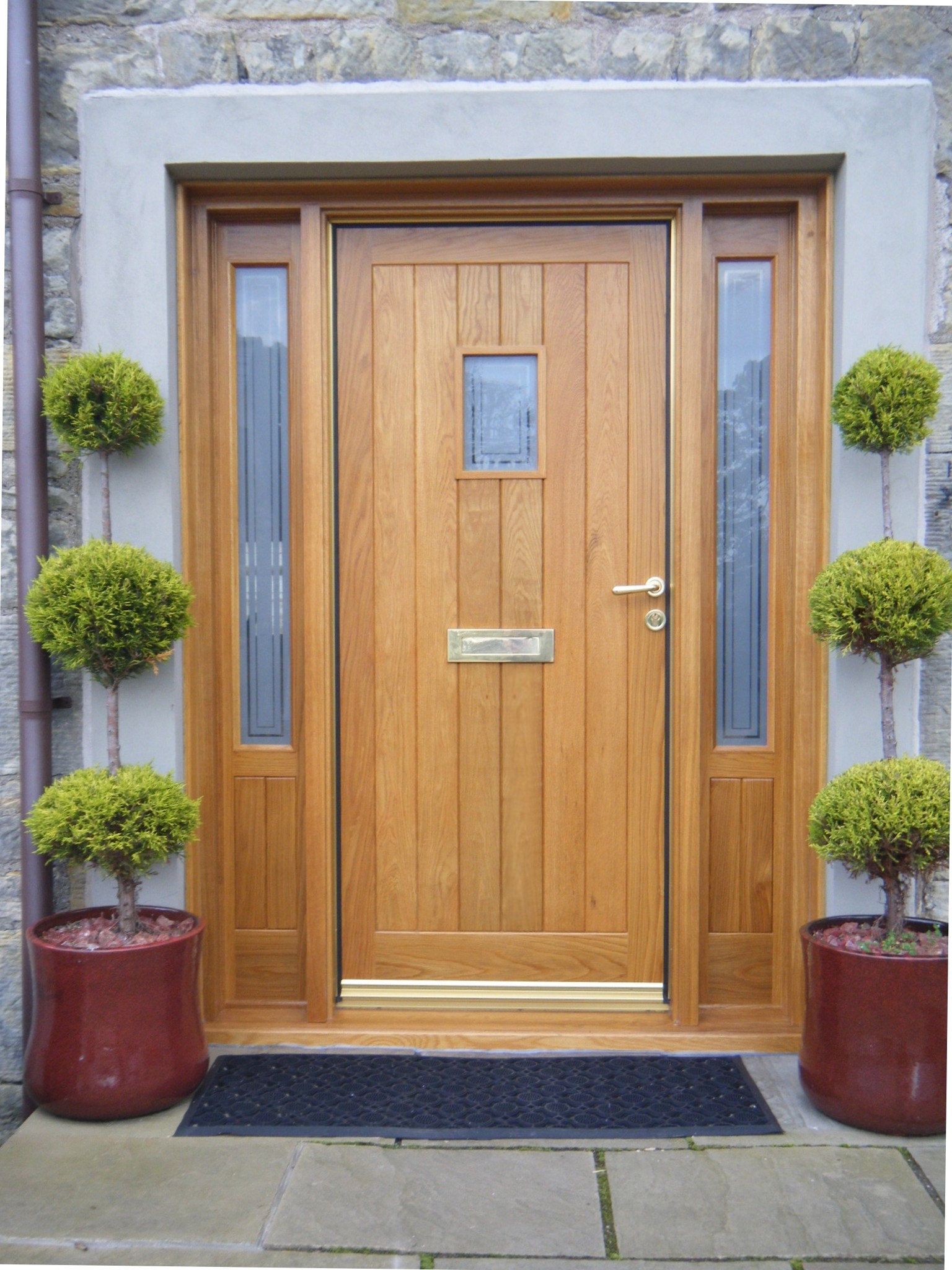 Potted Topiary Large Comely Potted Topiary Mixed With Large Black Doormat And Modern Exterior Wood Door Decoration Fascinating Wooden Doors That Work In Every Room