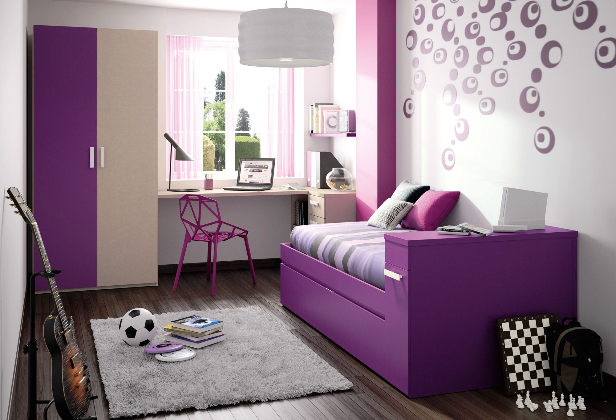 Purple Bed Inside Comfy Purple Bed And Chair Inside Cool Teen Bedrooms With Unusual Wall Decal Bedroom Cool Teen Bedrooms Using Black And White Interior Theme
