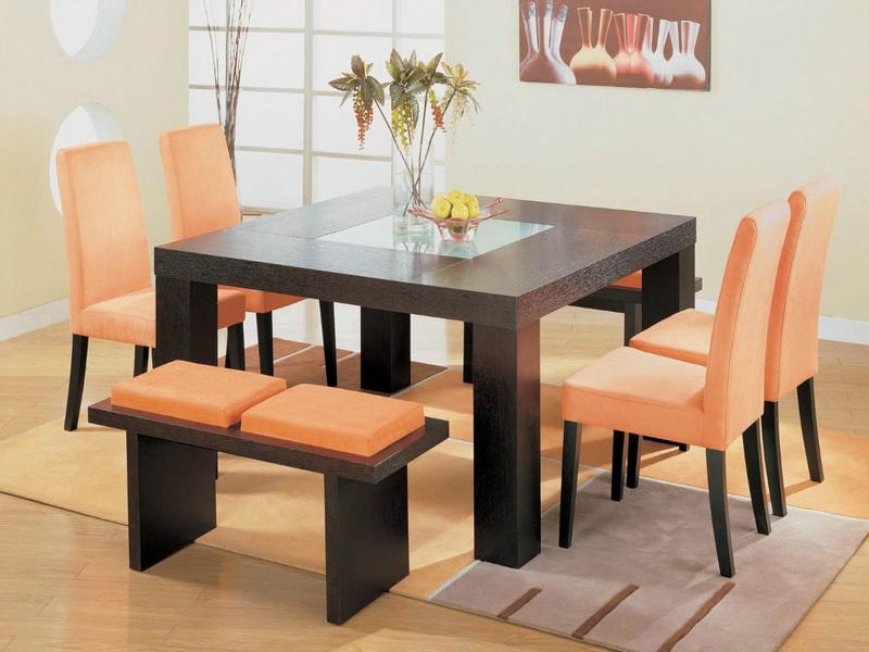 Bench Seating Leather Contemporary Bench Seating And Orange Leather Chairs Plus Awesome Square Dining Table Design Dining Room  Square Table For Fascinating Dining Room Design 