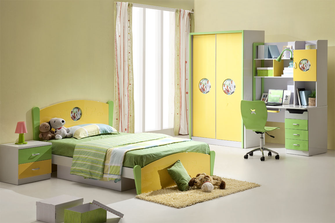 Children Bedroom Green Contemporary Children Bedroom Furniture With Green And Yellow Paint Idea Feat Stylish Floor To Ceiling Window Curtain Bedroom Kids Bedroom Furniture Ideas In Smart Placement
