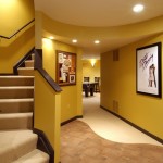 Finished Basement Yellow Contemporary Finished Basement Ideas With Yellow Wall Color And Burlap Staircase Rug Design And Unique Wall Decor Basement Finished Basement Ideas With Decorative Style