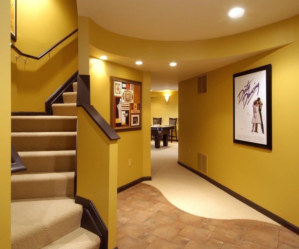 Finished Basement Yellow Contemporary Finished Basement Ideas With Yellow Wall Color And Burlap Staircase Rug Design And Unique Wall Decor Basement Finished Basement Ideas With Decorative Style