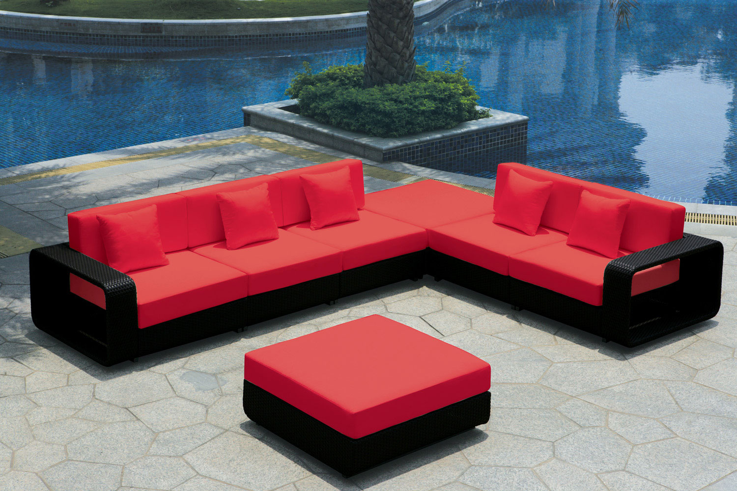 Outdoor Furniture Red Contemporary Outdoor Furniture Design With Red Sofa And Sofa Pillow In The Pool Edge Decoration With Honeycomb Flooring Furniture Contemporary Outdoor Furniture As A Companion To Nature
