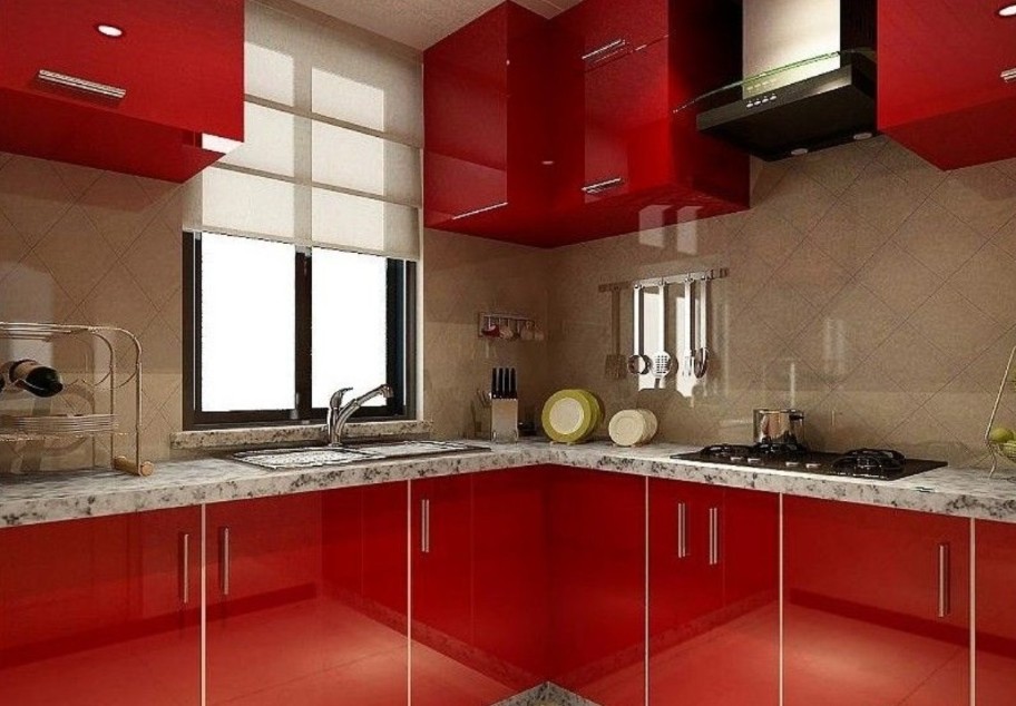 Roller Window Mirrored Contemporary Roller Window Blind And Mirrored Backsplash Feat Amazing Red Kitchen Cabinets Also Granite Countertop Kitchen  Create Incredible Kitchen With Red Kitchen Cabinet 