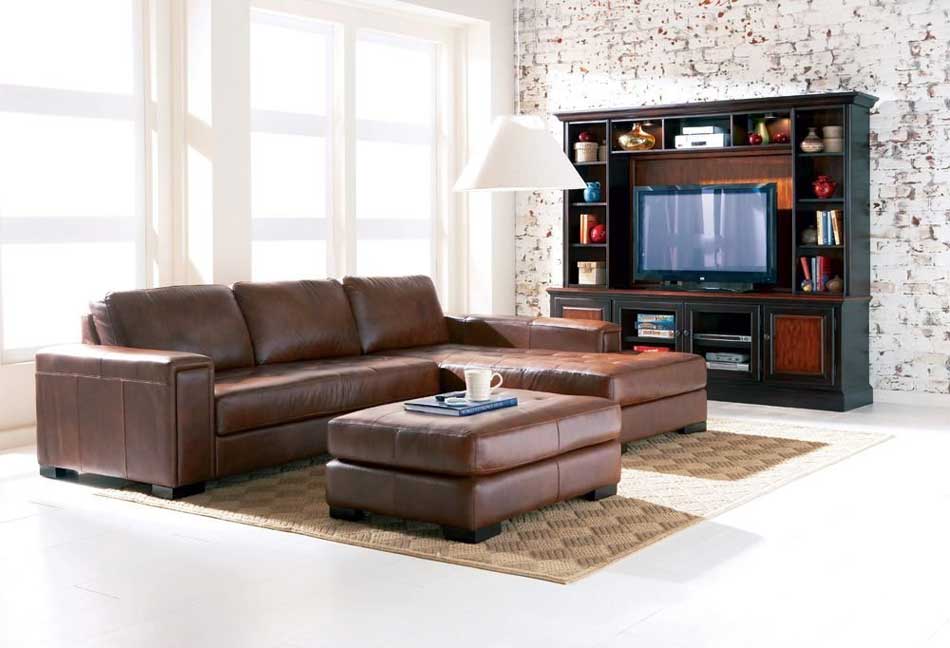 Tv Stand Also Contemporary Tv Stand Cabinet Furniture Also White Brick Living Room Wall Idea Feat Elegant Brown Leather Sofa With Ottoman Table Design Furniture  Rediscovering The Elegancy By 10 Brown Leather Sofas 