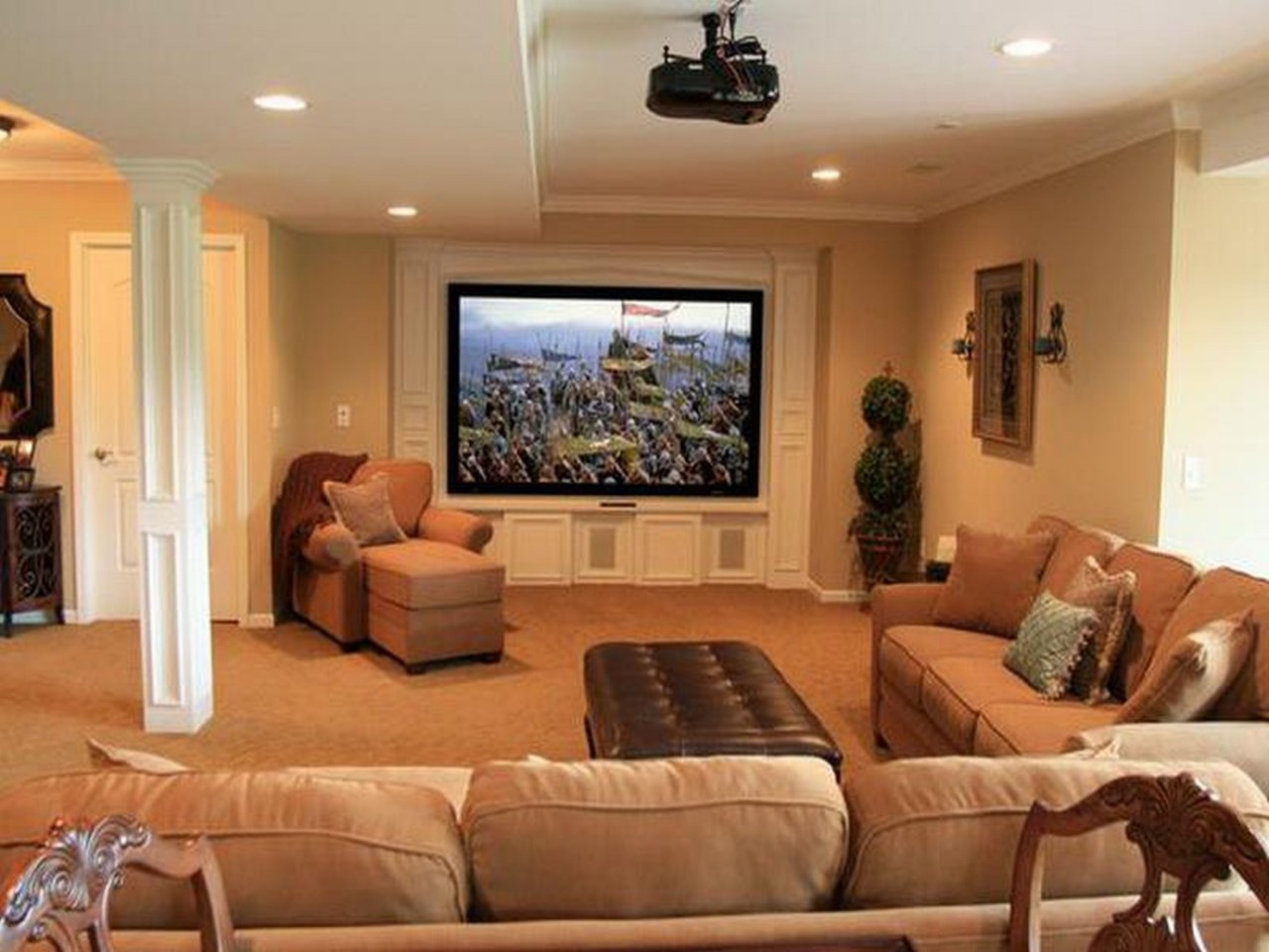 Basement Media With Cool Basement Media Room Idea With Sectional Sofa Plus Lounge Chair Design Feat Leather Ottoman Coffee Table  Basement  Cool Basement Ideas For Modern Housing Design 