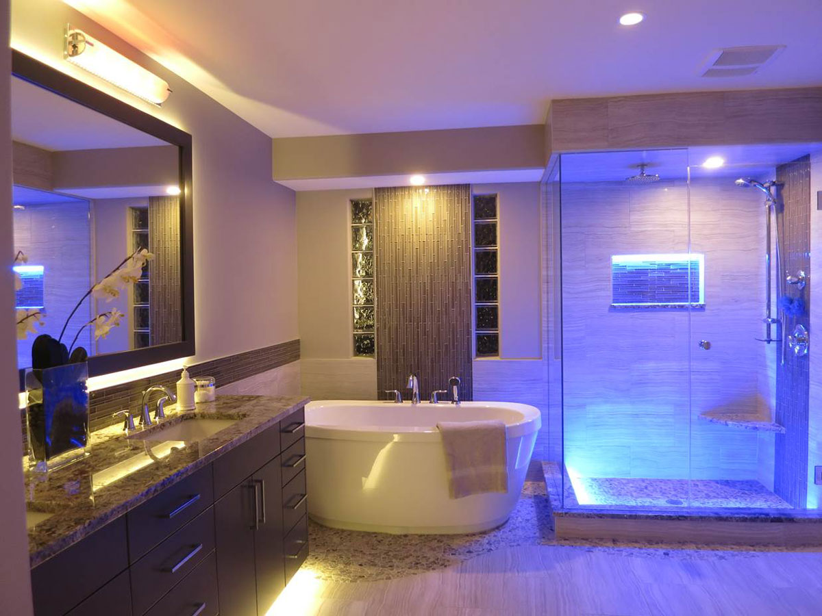 Bathroom With Furnished Cool Bathroom With Colorful Lighting Furnished With Clear Glass Shower Bath And White Bathtub Completed With Vanity Sink And Bathroom Fixtures Bathroom Decorating Bathroom With Bathroom Fixtures