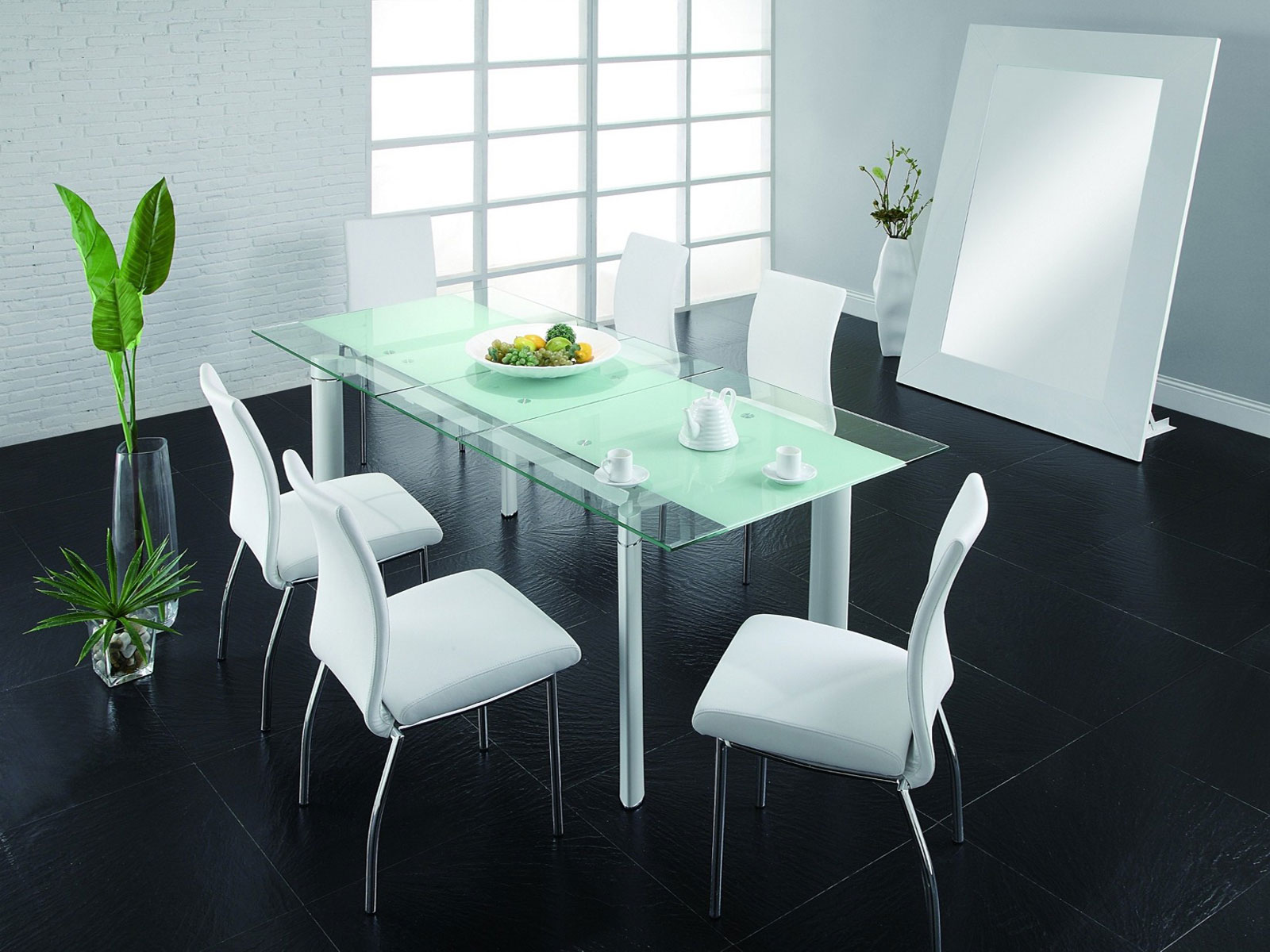 Black Flooring With Cool Black Flooring Tile Matched With White Furniture Of Modern Dining Room Sets Completed With Glass Table Coupled With Chairs And Furnished With Large Mirror Dining Room The Best Modern Dining Room Sets