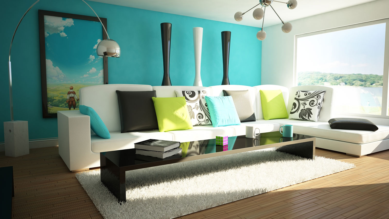 Living Room Applying Cool Living Room Color Ideas Applying Blue Accent Wall Color Completed With White Sofa Bed And Black Lounge Table On Soft Rug Also Furnished With Flooring Stand Lamp Living Room Find The Best Living Room Color Ideas