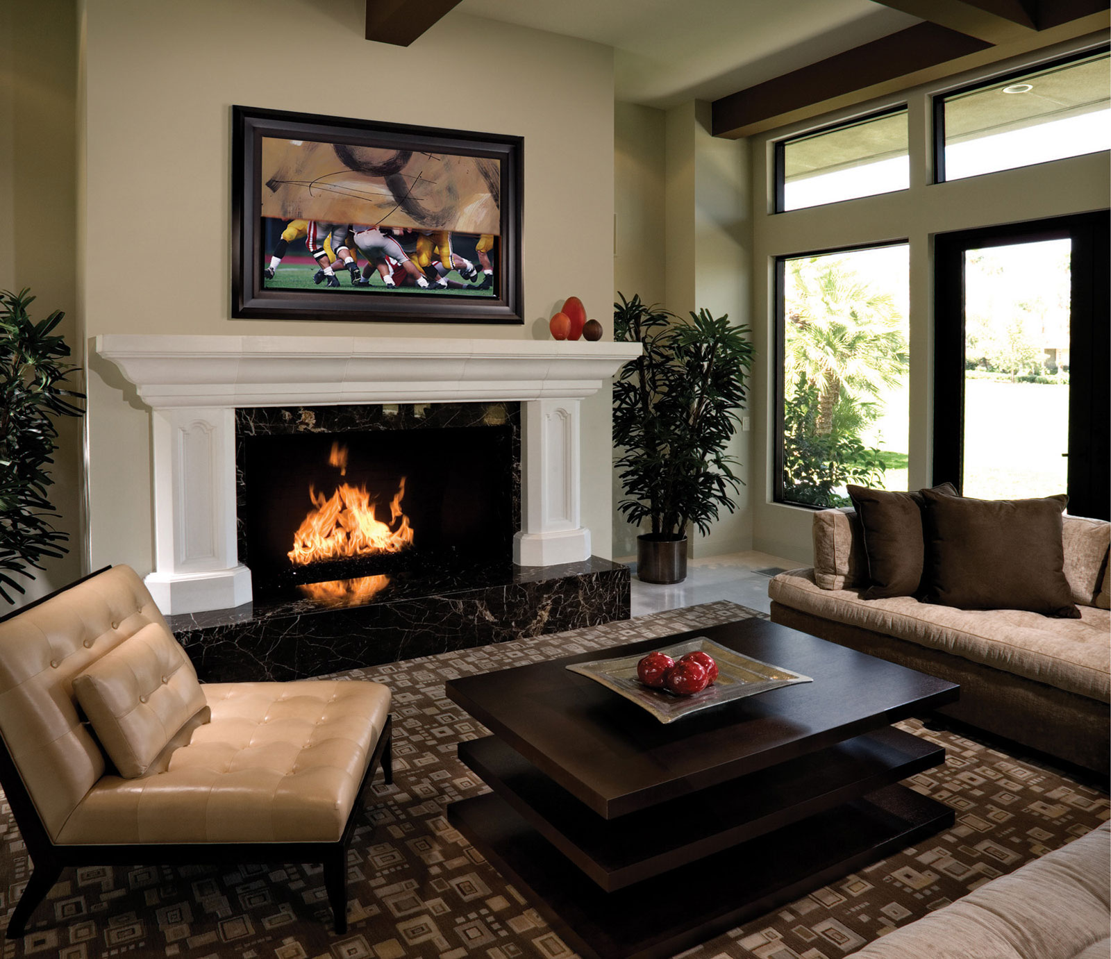 Living Room With Cool Living Room Design Ideas With Fireplace Applying Black Marble Mantel Furnished With Armless Tufted Chair And Dark Brown Table On Rug And Completed With Sofa Living Room Living Room Design Ideas Which Is Designed For Modern House