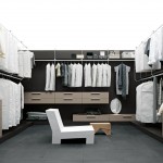 Minimalist Sleek Closet Cool Minimalist Sleek Walk In Closet Ideas Applying Black Flooring Tile Completed By Clothes Rack And Drawers Furnished With White Contemporary Chair Closet Walk In Closet Ideas: Enjoying Private Collection