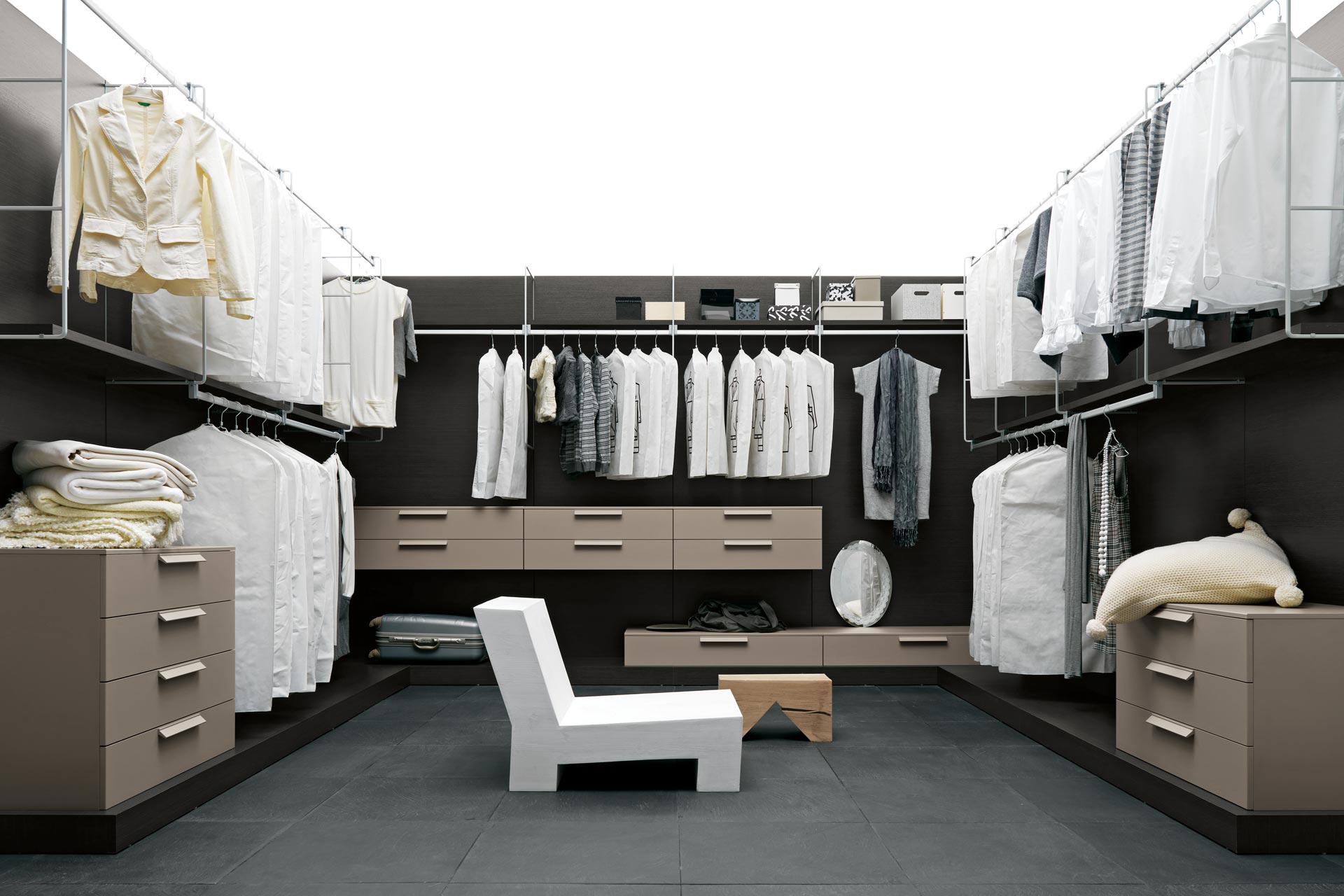 Minimalist Sleek Closet Cool Minimalist Sleek Walk In Closet Ideas Applying Black Flooring Tile Completed By Clothes Rack And Drawers Furnished With White Contemporary Chair Closet Walk In Closet Ideas: Enjoying Private Collection