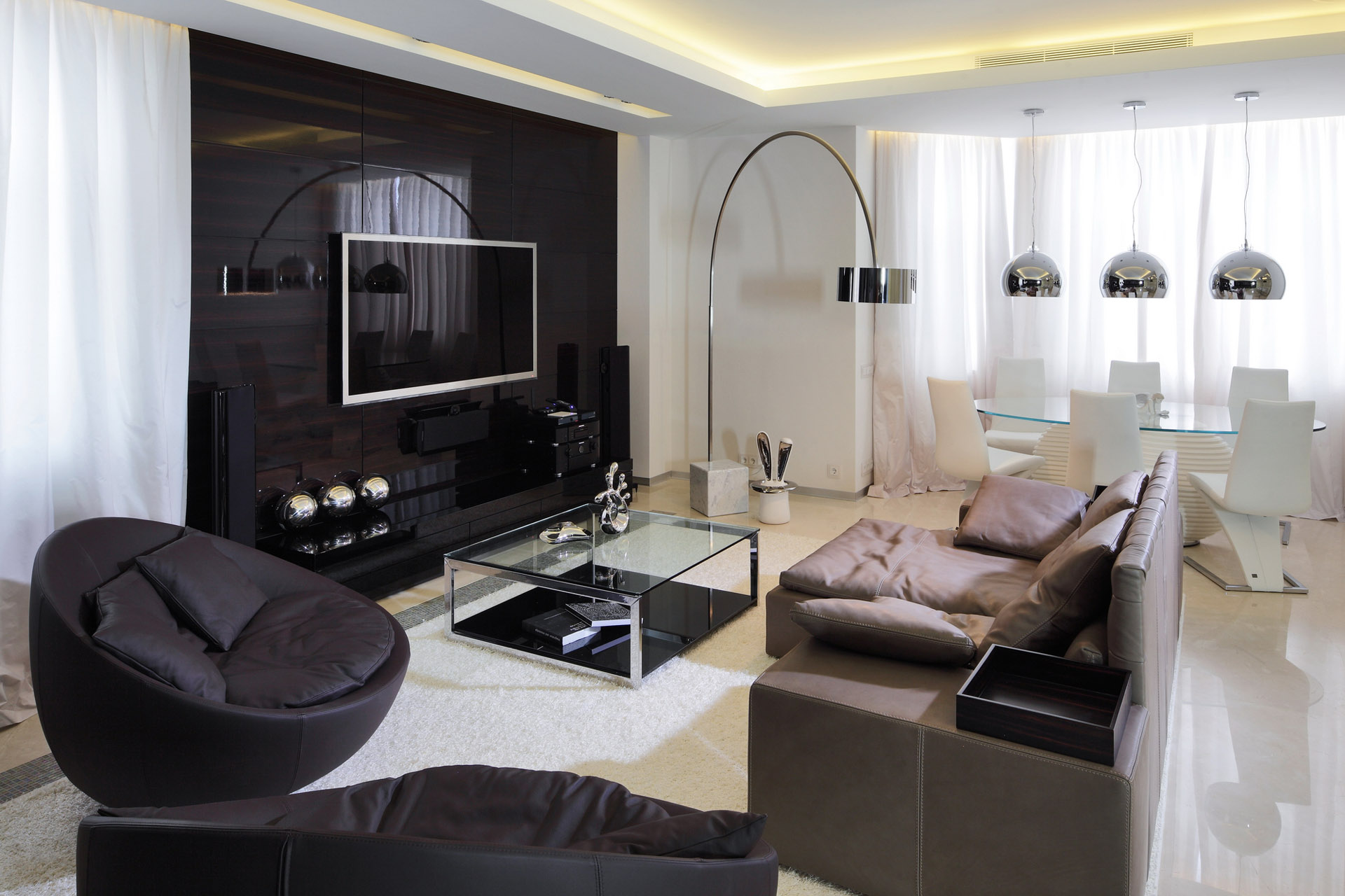 Modern Living Sofa Cool Modern Living Room With Sofa Bed And Glass Table Also Black Ball Living Room Chair Furnished With Flat Screen TV And White Rug Completed With Curved Flooring Stand Lamp Living Room Perfect Living Room Chair Design