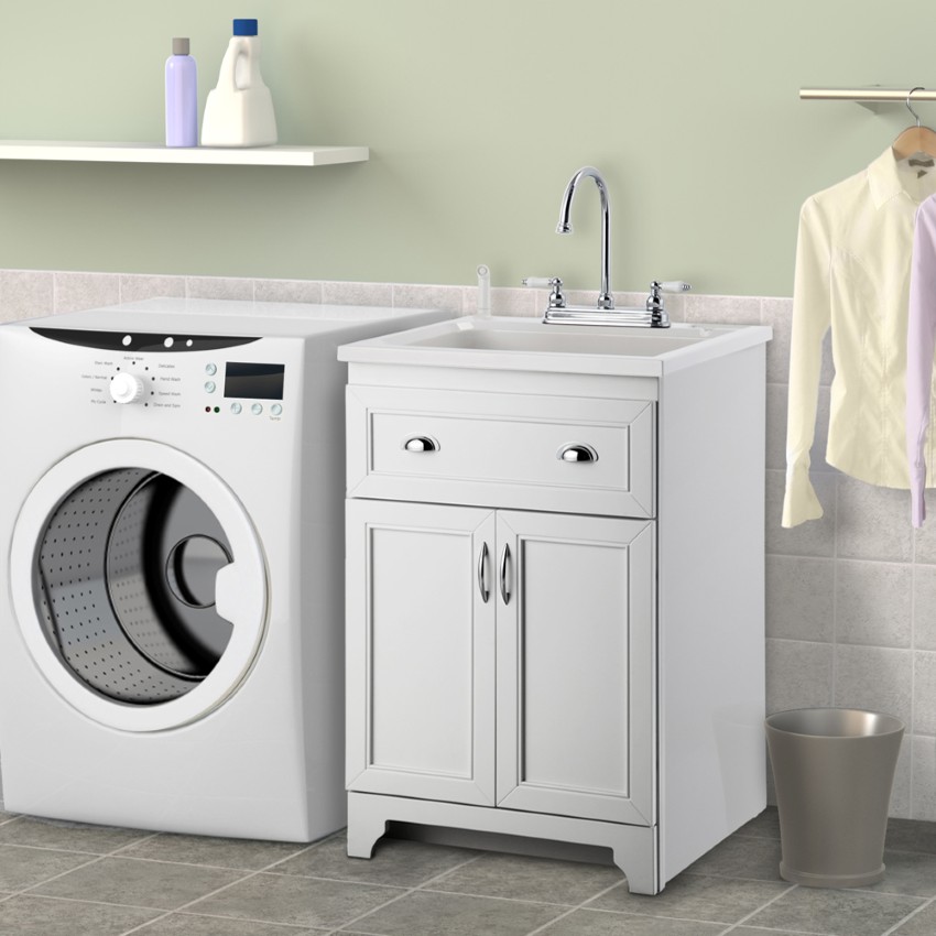 Portable Laundry With Cool Portable Laundry Room Sink With White Cabinets Design Feat Floating Shelf Also Wall Mounted Cloth Rod Interior Design  Laundry Room Sinks That Are Functional As Well As Decorative 