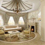 Round Living With Cool Round Living Room Design With White Sofa And Yellow Chair On Circle Rug Completed With Table And Chandelier Plus Furnished With Living Room Curtains Living Room Awesome Living Room Curtains Designs