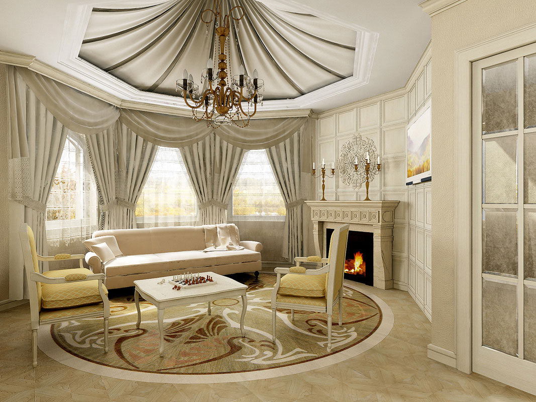 Round Living With Cool Round Living Room Design With White Sofa And Yellow Chair On Circle Rug Completed With Table And Chandelier Plus Furnished With Living Room Curtains Living Room Awesome Living Room Curtains Designs