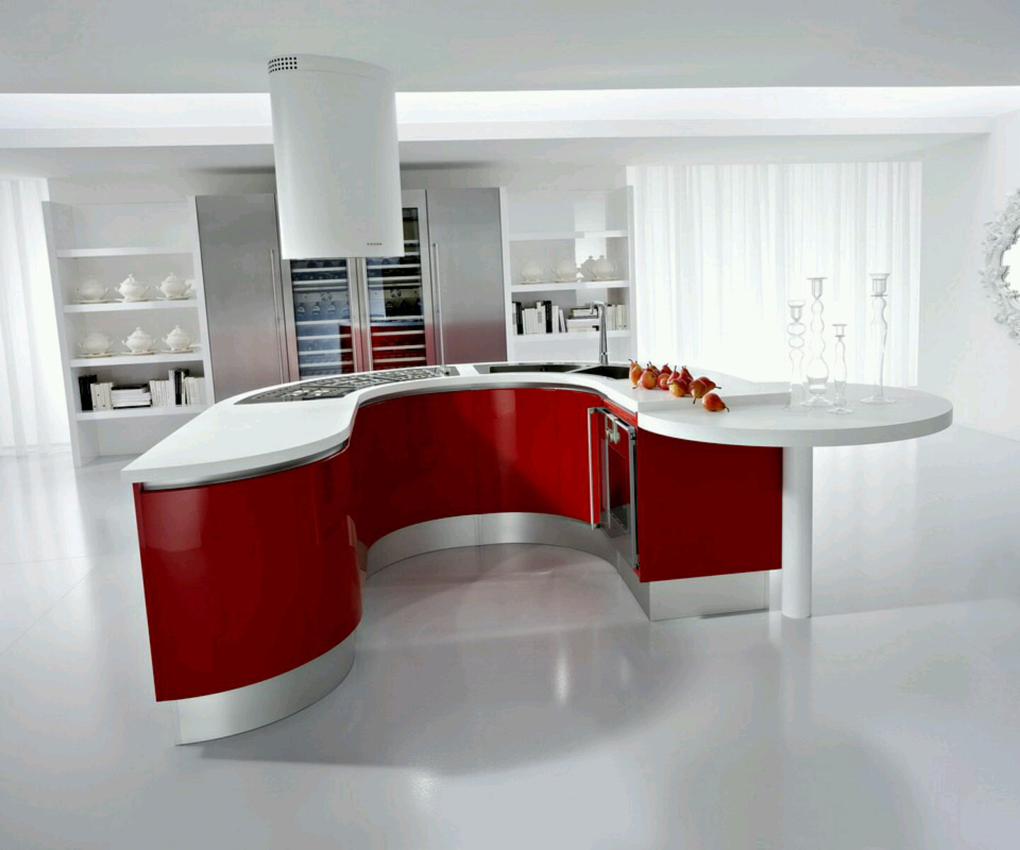 White Red With Cool White Red Kitchen Interior With Modern Kitchen Cabinets Completed With Electric Range And Countertop Also Furnished With Double Basin Sink Kitchen Modern Kitchen Cabinets Design Inspiration