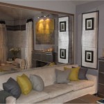 Beige Sofa Accent Cozy Beige Sofa With Yellow Accent Pillows And Tiled Fireplace Design Plus Contemporary Large Wall Mirror Interior Design  Large Wall Mirrors Beautifying Each Your Interior Space Well 