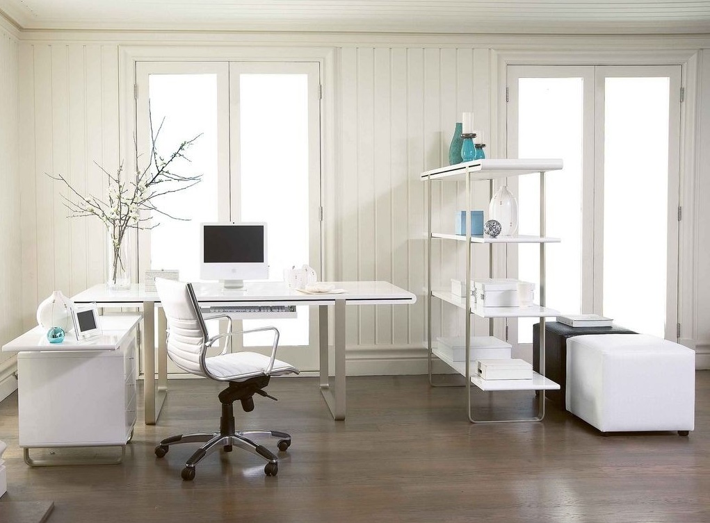 Room With Window Cozy Room With Fascinating Shelf Between Window And Modern White Desk Facing Swivel On Floor Furniture Perfect Modern White Desk Application For Home Office